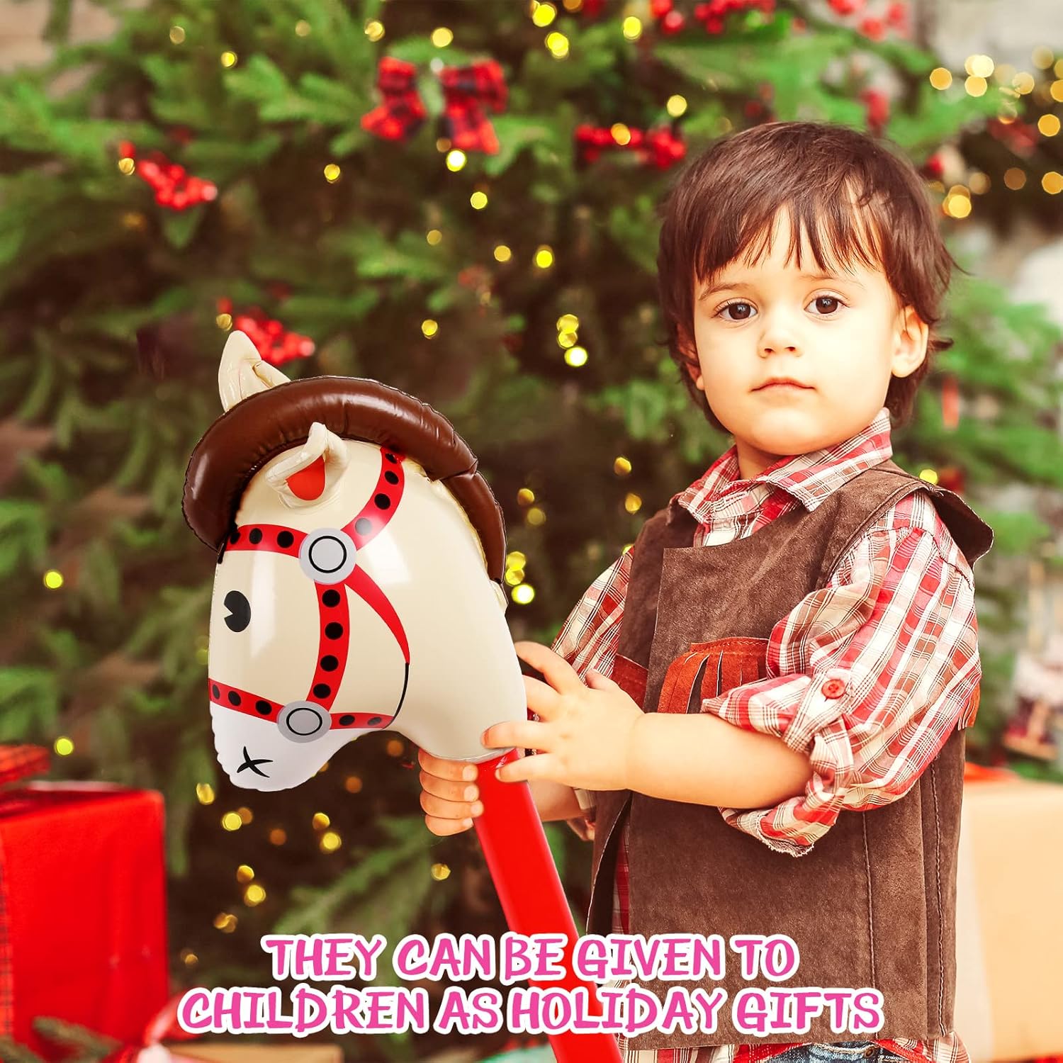 Chivao 12 Pieces Inflatable Stick Horse Cute Horse Head Stick Blow up Balloon Colorful Cowboy Cowgirl Party Decorations for Themed Birthday Party(Pink and Red)