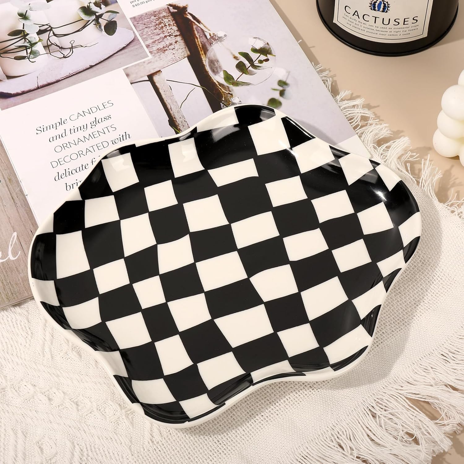 FYSUIMU 9.1 Inch Checkered Spoon Rest White Black Plaid Ceramic Spoon Holder Buffalo Plaid Cooking Spoon Holder for Kitchen Counter Stove Top Decor