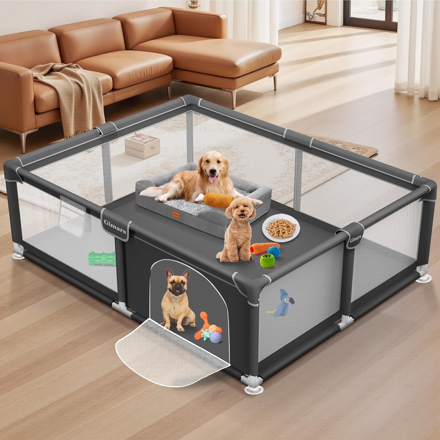 71x59x26 Inches Puppy Playpen with Gate, Dog Playpen for Puppies or Small Dogs, Sturdy Safety Dog Fence Pet Playpen with Thickened Fabric, High-Strength Nylon Wire Mesh for Indoor & Outdoor,Washable Grey-Extra Large