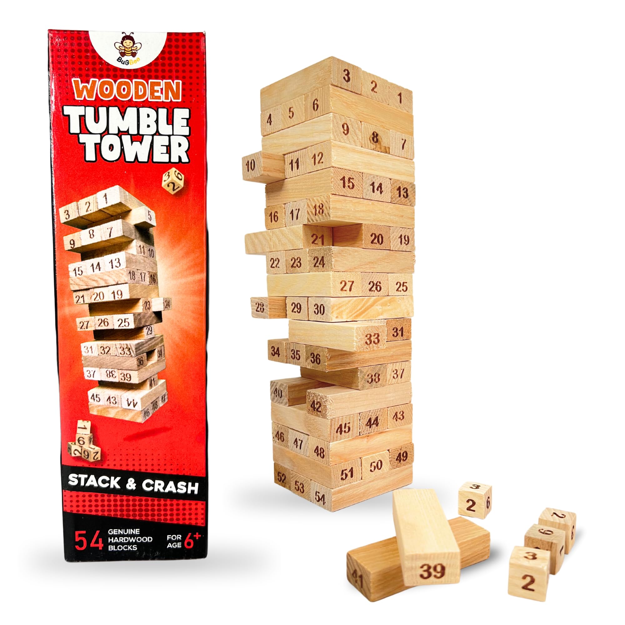 BuGBee Tumbling Tower, Zenga Wooden Blocks for Kids and Adults, Balancing and Stacking Toys, Family Games for Couples for Boys & Girls Ages 6+ (54 Pcs with 4 Dice) (B0CXYZ1J65) Amazon Price History, Amazon Price Tracker