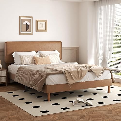 Queen Size Upholstered Bed Frame with Adjustable Headboard, Faux Leather Platform Bed with Wood Slats, Lychee Grain Leather, No Box Spring Needed, Easy Assembly, Noise Free, Brown