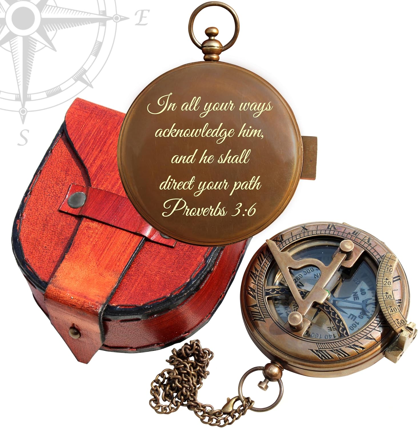 In all your ways acknowledge him Proverbs 3:6 Engraved Sundial Compass with leather cover, Christian Gifts for Men Catholic First Communion Gift, Baptism Gifts for Boy, 2023 Graduation Day Gifts