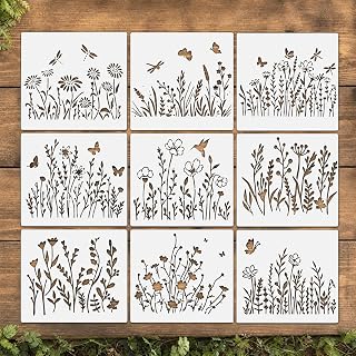 9pcs Large Flower Stencil for Painting on Walls, Reusable Floral Template, Plastic, 10 x 13.8 Inch, for Wall Art, Furniture, Wood and Canvas