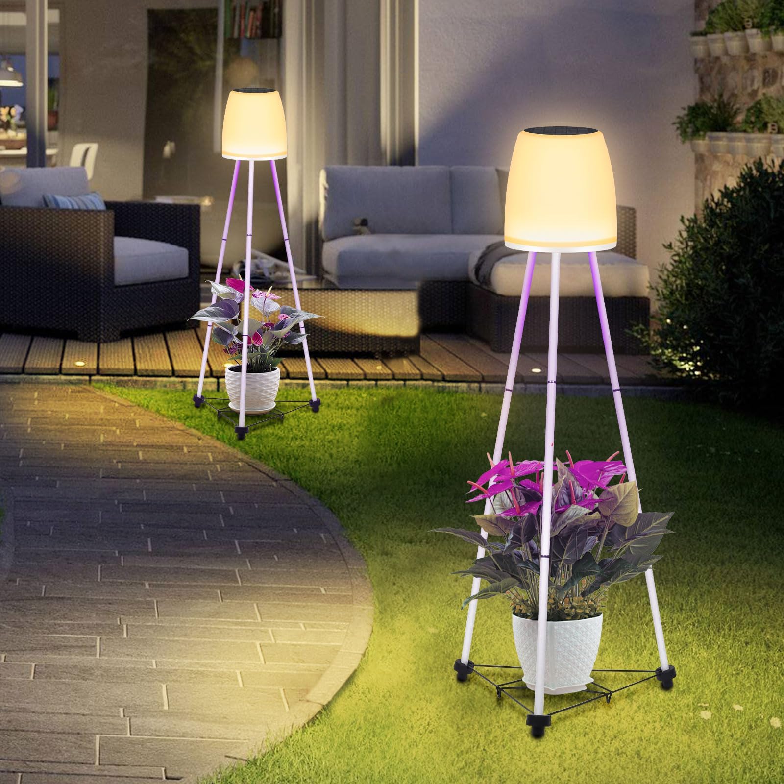 Solar Outdoor Floor Lamp for Patio - Waterproof Outdoor Lamps with Plant Stand Grow Light, Solar Powered Lantern with RGB Color Changing Lamp for Deck Yard Porch Garden Lawn Camping 45" Metal 2Pack