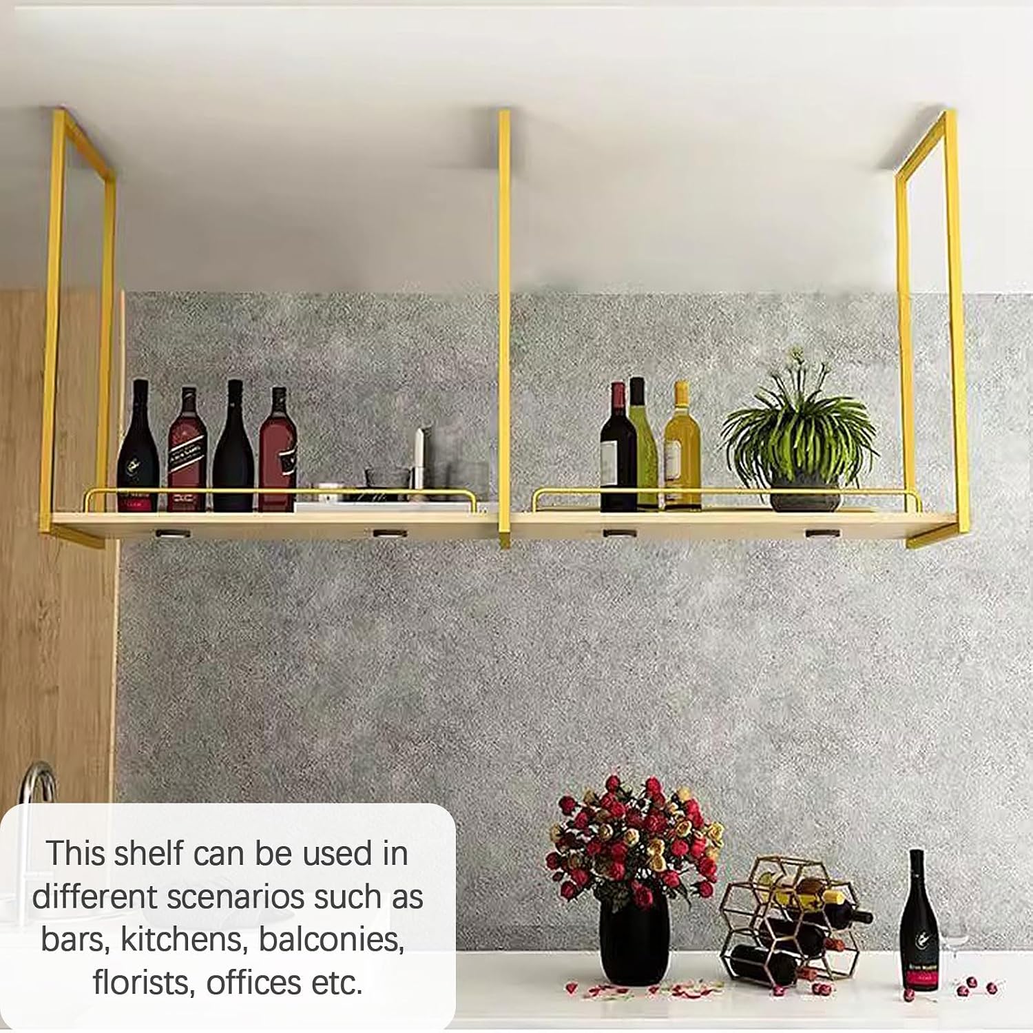 Hanging Kitchen Storage Shelving for Organize Cooking Utensils, Ceiling Mounted Shelf Flower Stand Plant Rack Suspended Wine Bottle Holder, 2-Layer Wooden Partition and Metal (Size : 140x30 ()