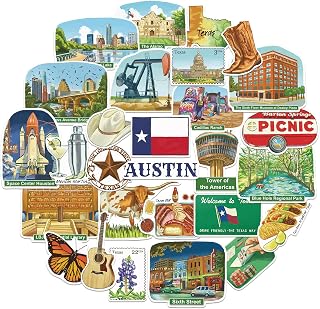 Navy Peony Thrilling Texas State Travel Stickers (28 pcs) - Watercolor, Texan, America-Themed Vacation Decals for Scrapbooking, Journals, Laptop