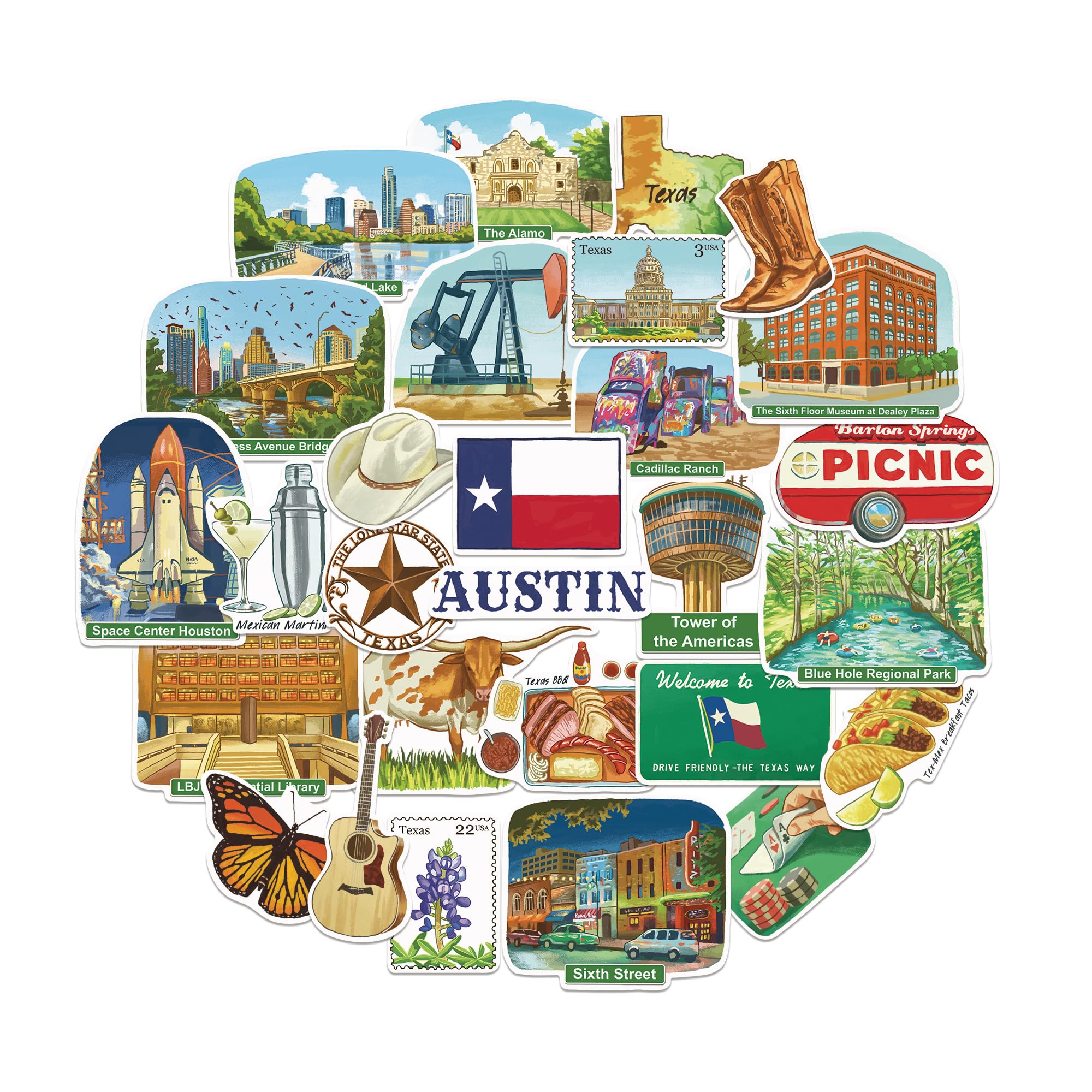 Navy Peony Thrilling Texas State Travel Stickers (28 pcs) - Watercolor, Texan, America-Themed Vacation Decals for Scrapbooking, Journals, Laptop