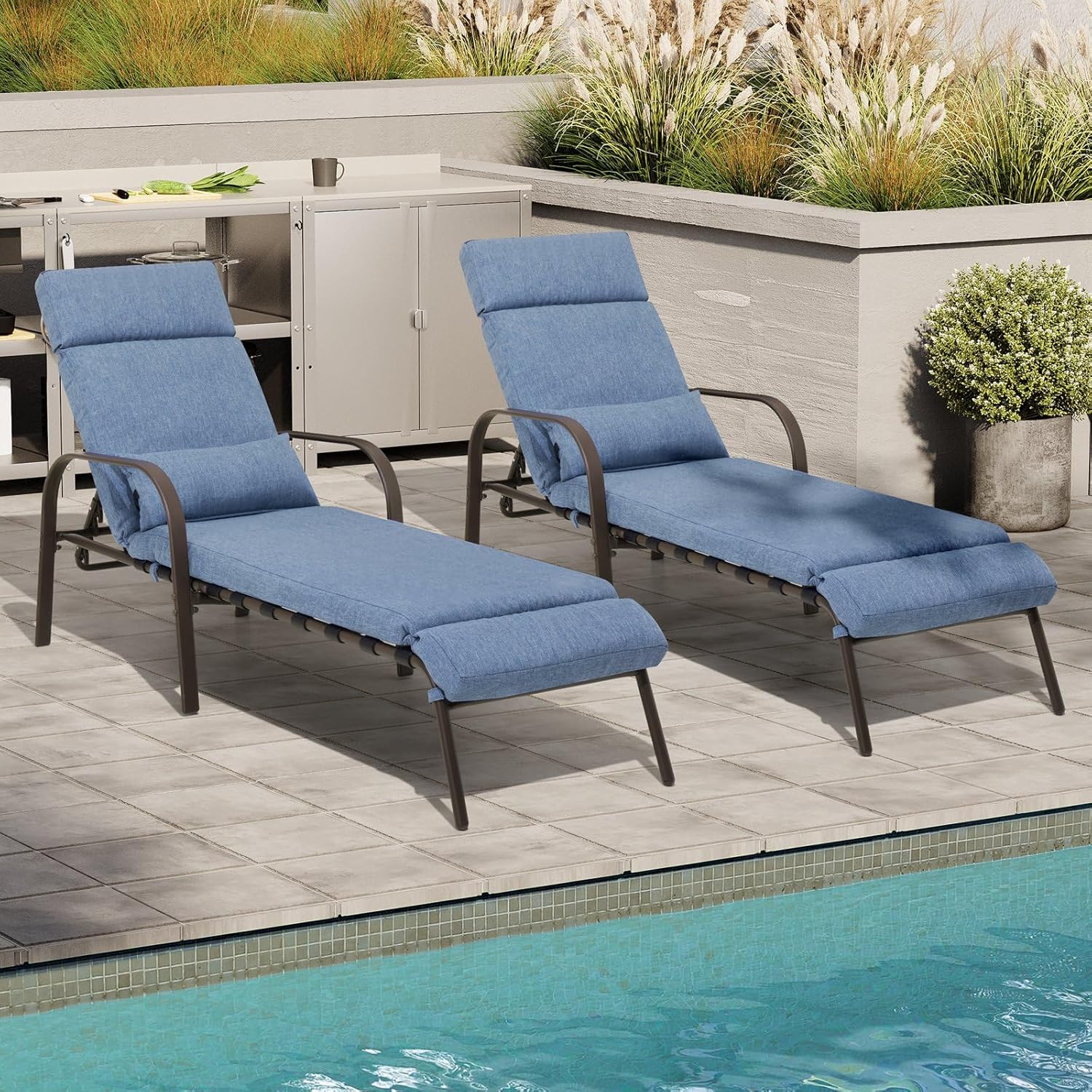 Crestlive Products Chaise Lounge Chair Outdoor Set of 2 with Cushion & Pillow, Adjustable 5 Position Pool Recliner, Outdoor Lounge Furniture All Weather for Patio, Beach, Yard, Pool (2PCS Dark Blue)