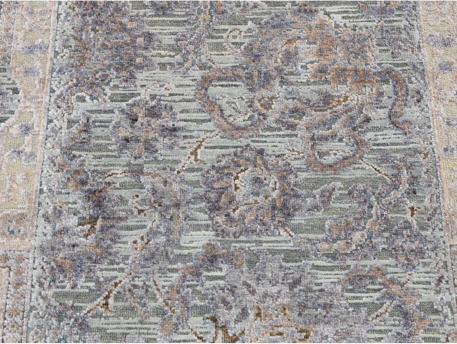 Laurel Green Pure Silk with Textured Wool Mughal Design Hand Knotted Runner Oriental Rug (2'5"x8'1")