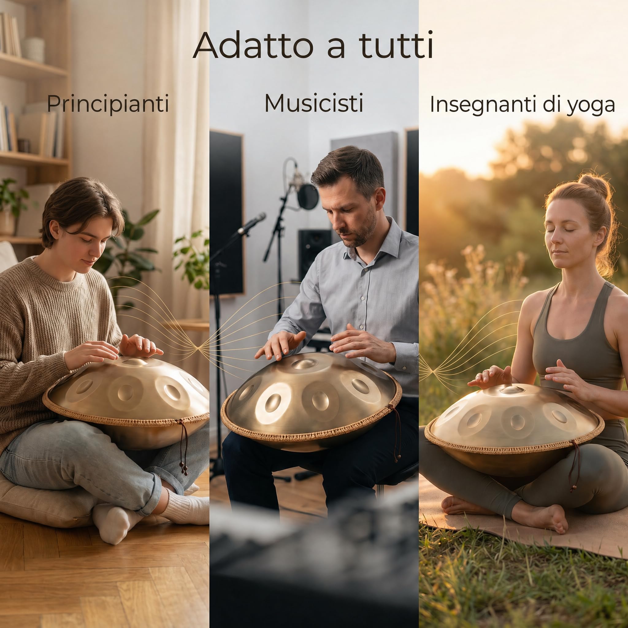 Handpan 22 Pollici 9 Note Re Kurd 440Hz Oro Tamburo a Mano per Meditazione Yoga Guarigione Sonora Acciaio Legato Include Borsa Supporto Bacchette Panno Adesivi Note
