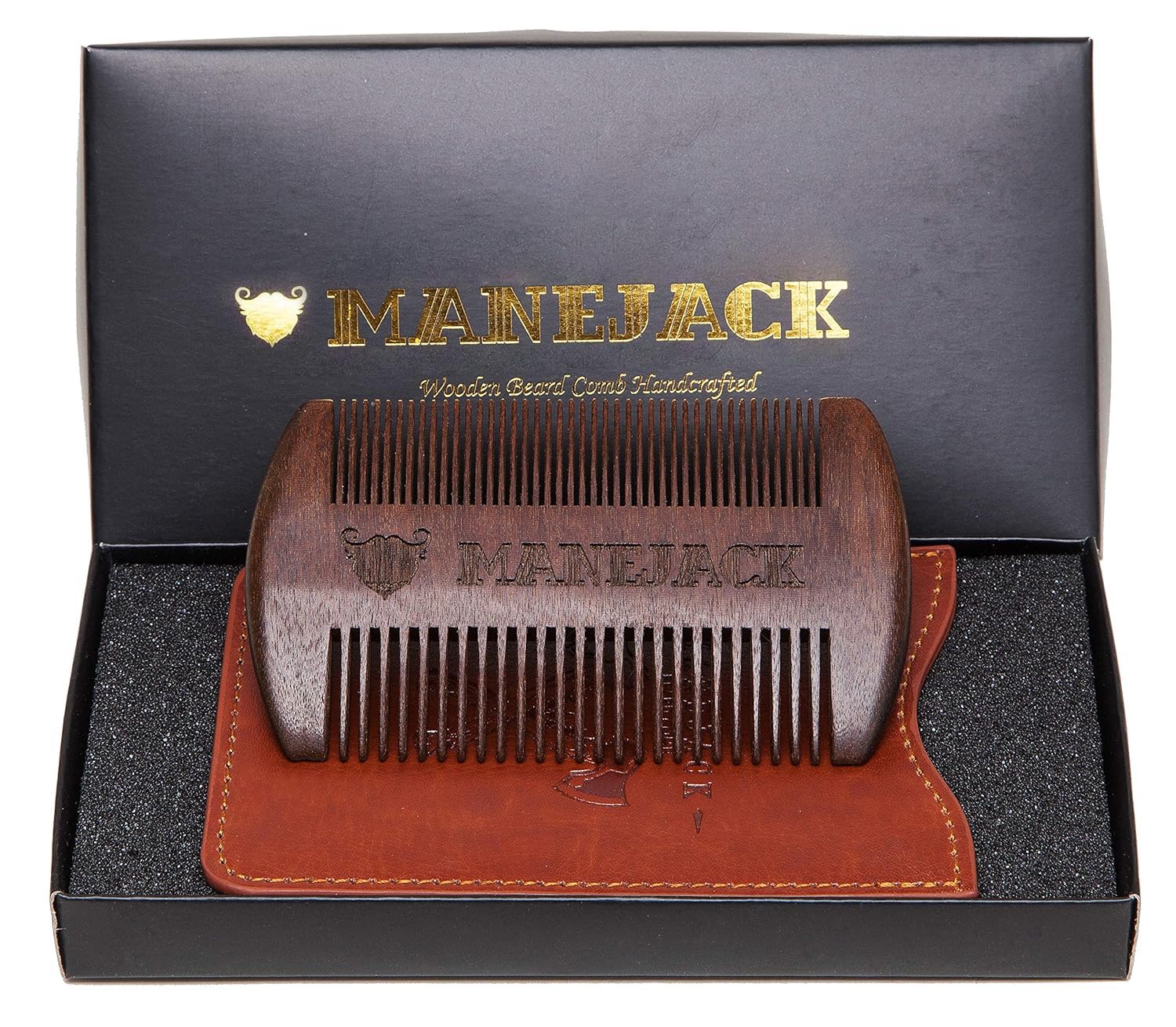 Wooden Beard Comb with Carrying Pouch - Top Pocket Combs Kit for Men - Perfect for Beard, Head hair, Mustache-Dry Use with Balms and Oils - Fine and Coarse Teeth Wooden Comb with Leather Case
