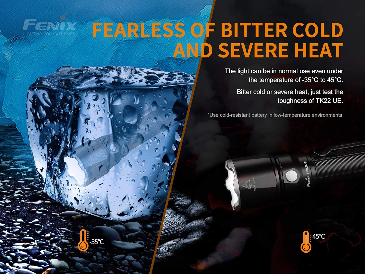 Fenix TK22 UE flashlight shown in extreme cold (-35°C) and heat (45°C) conditions.
