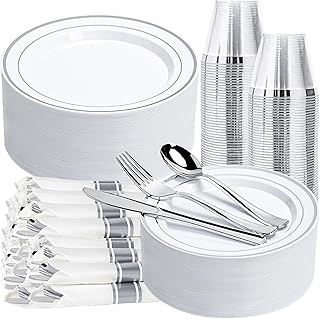 350PCS Silver Plastic Plates Dinnerware Set, Thanksgiving Disposable Plates, 50 Dinner and 50 Dessert Plates, 50 Pre Rolled Napkins with Silverware and 50 Cups for Party and Wedding