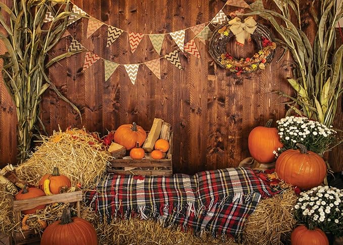 Amazon Com Aiikes 7x5ft Fall Thanksgiving Photo Backdrop Rustic Wood Board Barn Harvest Photography Background Autumn Pumpkin Leaves Flower Baby Birthday Portrait Party Decoration Photo Studio Booth Props 11 741 Electronics