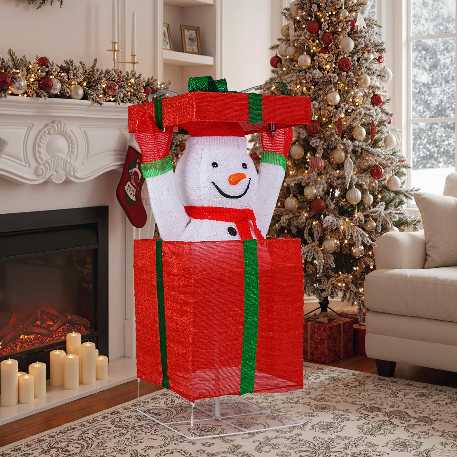 SOARS Decoration Noel, Bonhomme de Neige en Boite Cadeau 115 CM, 100 LED | 100 Lumières LED Blanc Chaud, Piquets & Attaches, Decoration Noel Exterieur Interieur Maison pour Salon, Cour, Jardin, Sapin