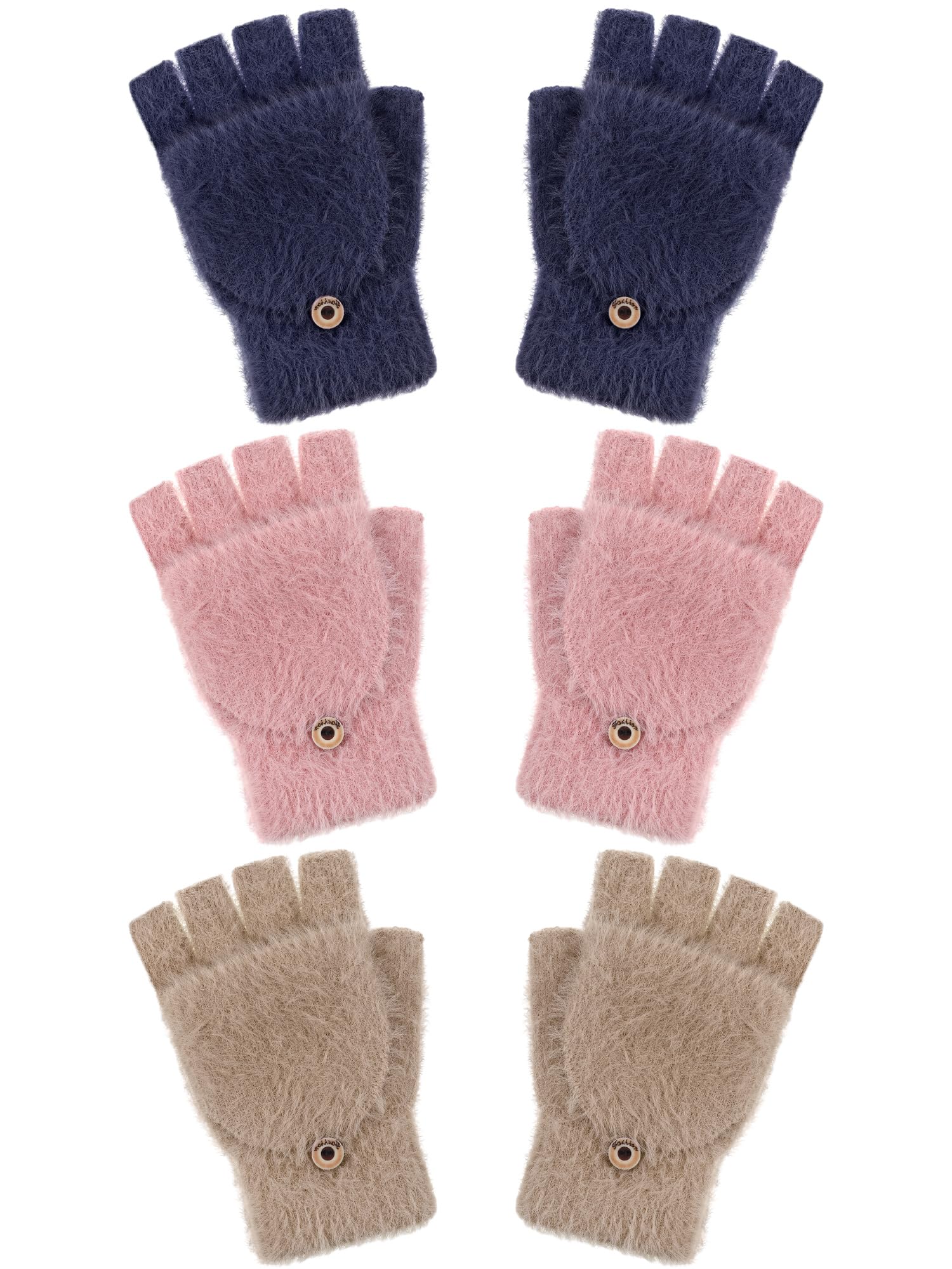 Geyoga 3 Pairs Kids Fingerless Gloves Winter Flip Gloves Warm Convertible Mitten for Girls Teenager Half Fingerless Mittens(Teal, Khaki, Red,10-15 Years)