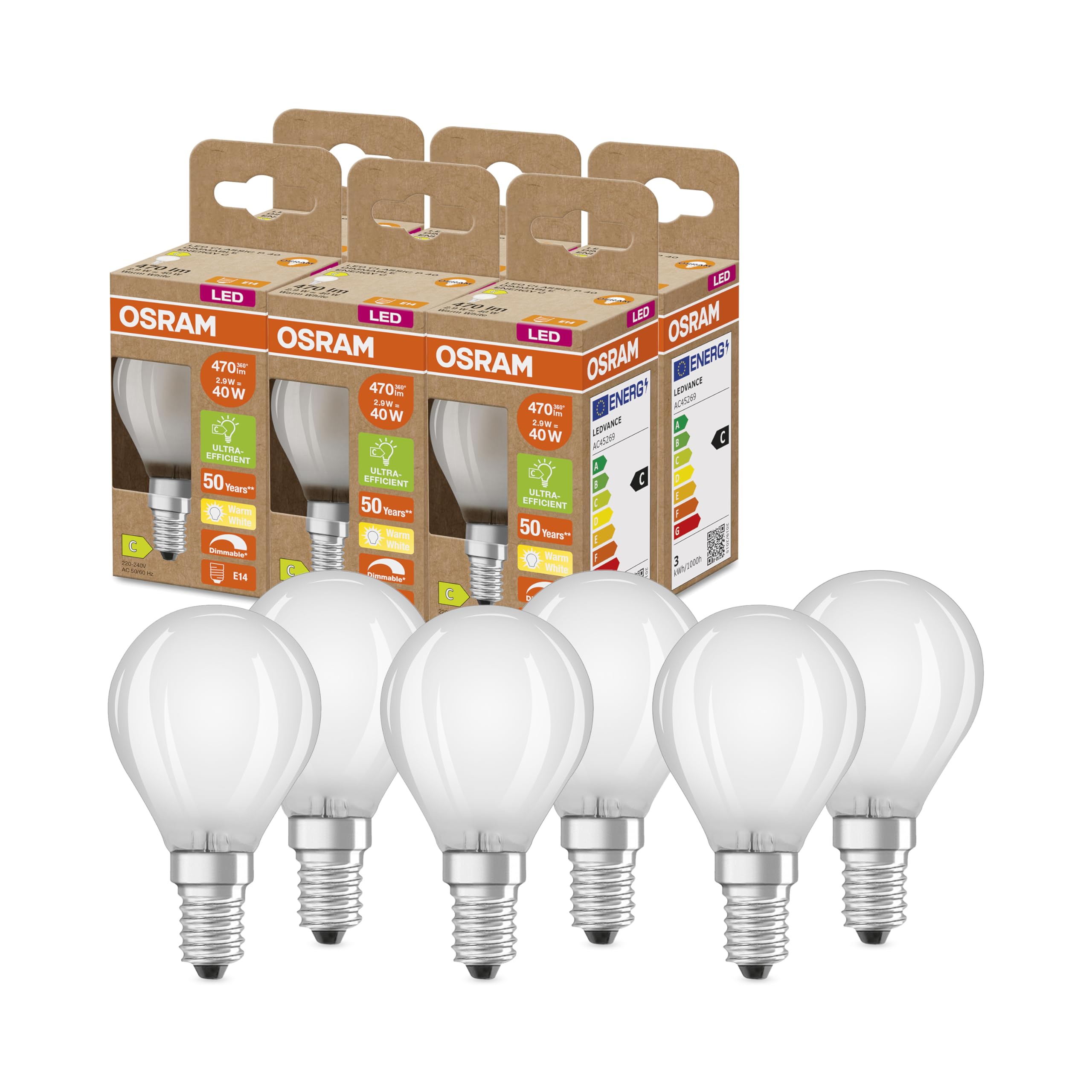 OSRAM SUPERSTAR+ CLASSIC P GLFR 40 LED-Lampe, E14, Miniballform, 2,9W, 470lm, 2700K, warmweißes Licht, dimmbar, LED-Filament-Technologie, sehr energiesparend, Energieeffizienzklasse C,6-Pack