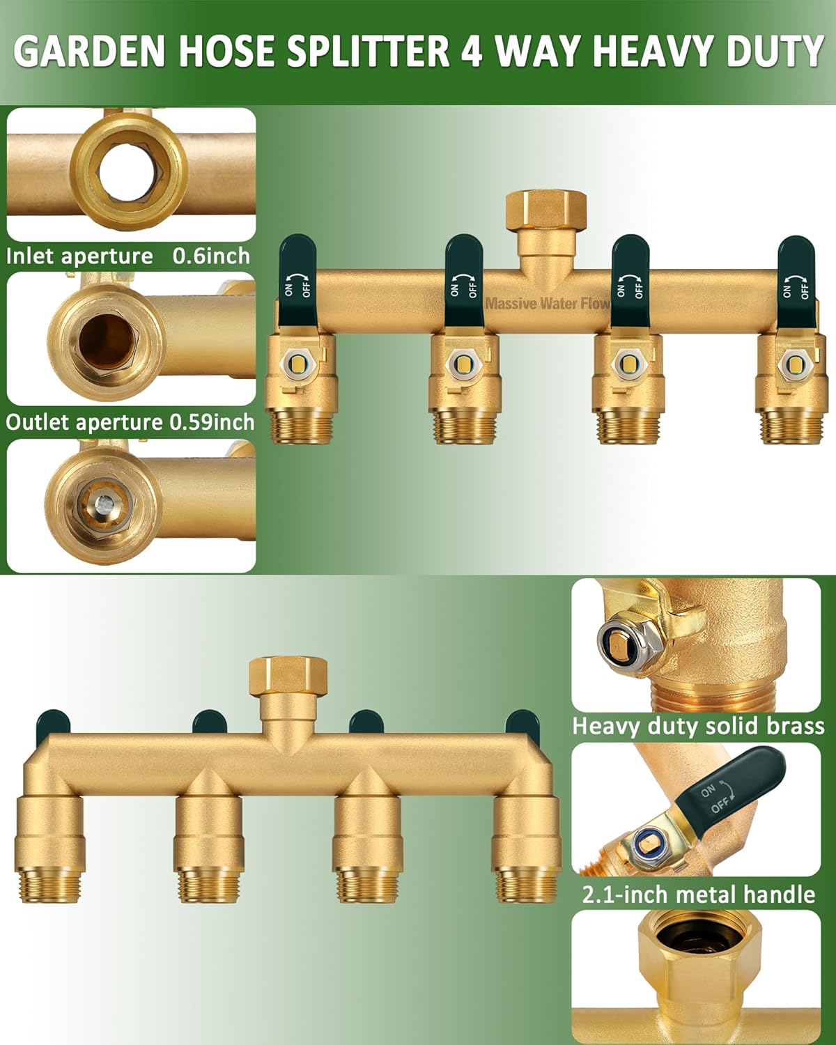 4 Way Hose Splitter, Heavy Duty Full Flow Garden Hose Splitter with 4 Large Metal Handles, Brass Water Hose Bib Splitter, T Adapter Connector with 3/4 - Inch GHT Thread (Green)