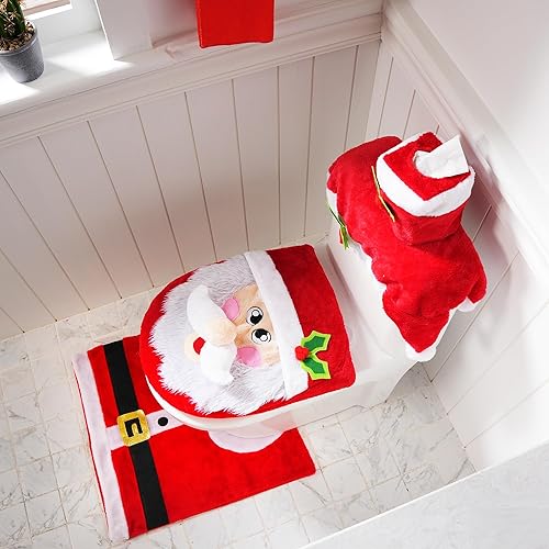 Miniatura 2 de JOYIN 5 Pieces Christmas Theme Bathroom Decoration Set w/Toilet Seat Cover, Rugs, Tank Cover, Toilet Paper Box Cover and Santa Towel for Xmas Indoor