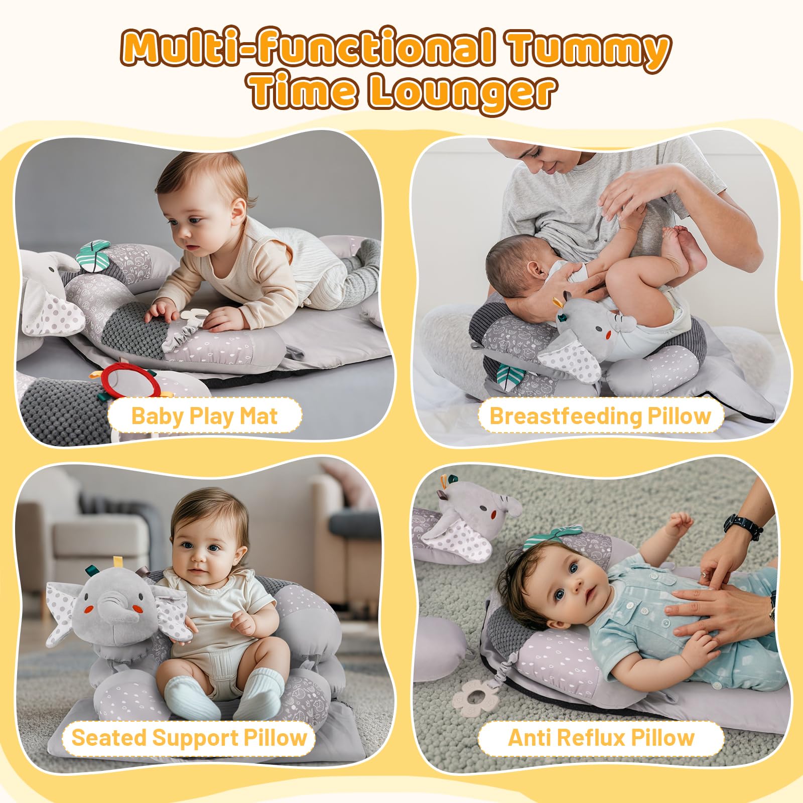 3-in-1 Bauch-Zeitmatte und Babyliege für Säuglinge, Sit Me Up Bodensitz mit abnehmbarem Stützkissen, um Reflux zu verhindern, tragbare Spielmatte für Neugeborene Jungen und Mädchen (Grau)