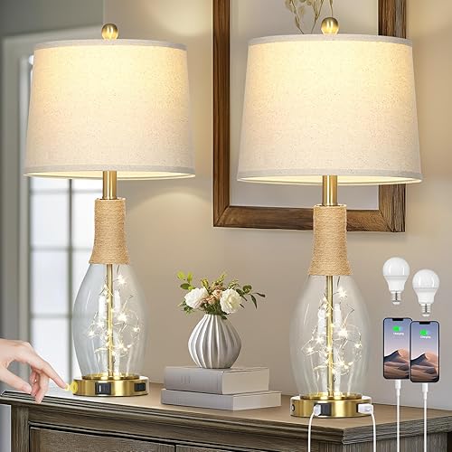Miniatura 9 de 27.5" Coastal Glass Table Lamps Set of 2, Touch Control 3-Way Dimmable Modern Table Lamps with USB A+C Ports & AC Outlets, Farmhouse Rustic Boho
