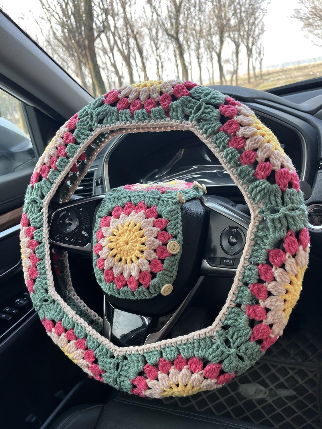 Crochet Sunflower Car Steering Wheel Covers Universal 14-15 inch for Women/Men (B:Wheel Cover+2 Belt Cover)
