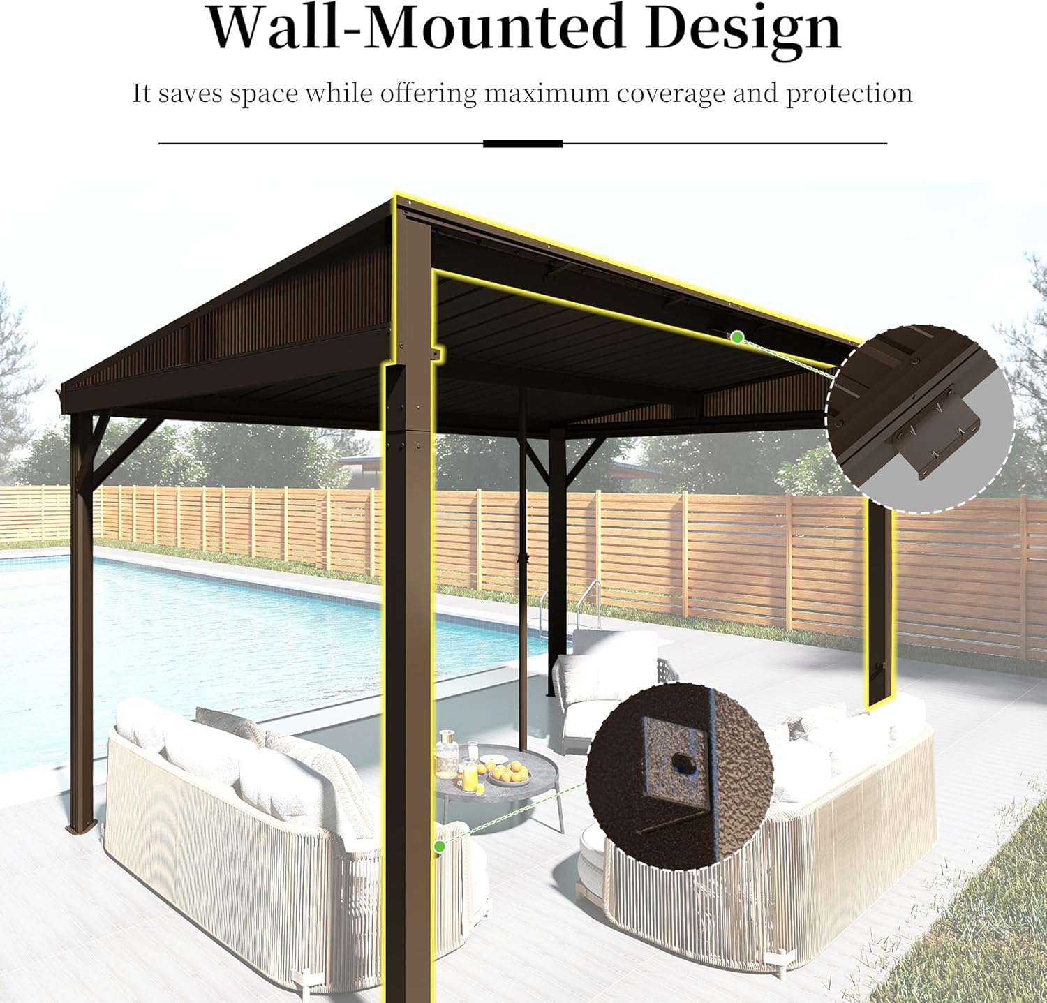 Diagram showing the wall-mounted design of the gazebo, highlighting attachment points to a house wall.