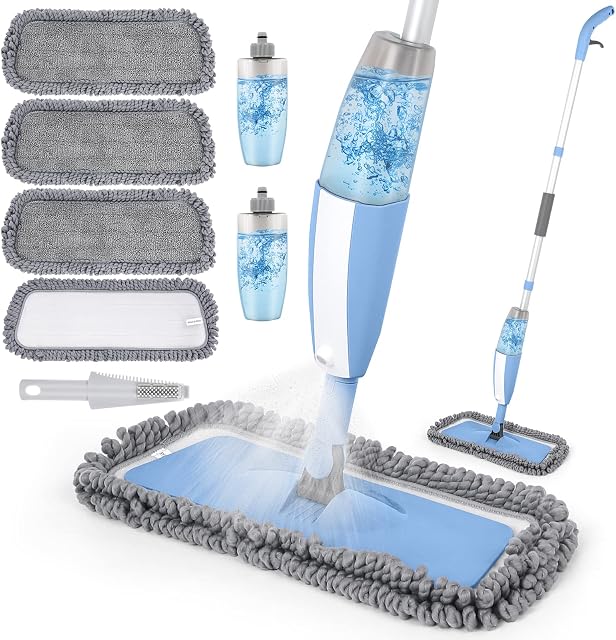 Tobeelec Spray Mop for Floor Cleaning,120CM Microfiber Floor Mop Dry Wet Mop for Laminate Tile Ceramic Hardwood Wooden Vinyl with 4 Reusable Pads & 2 Refillable Bottle (Blue)