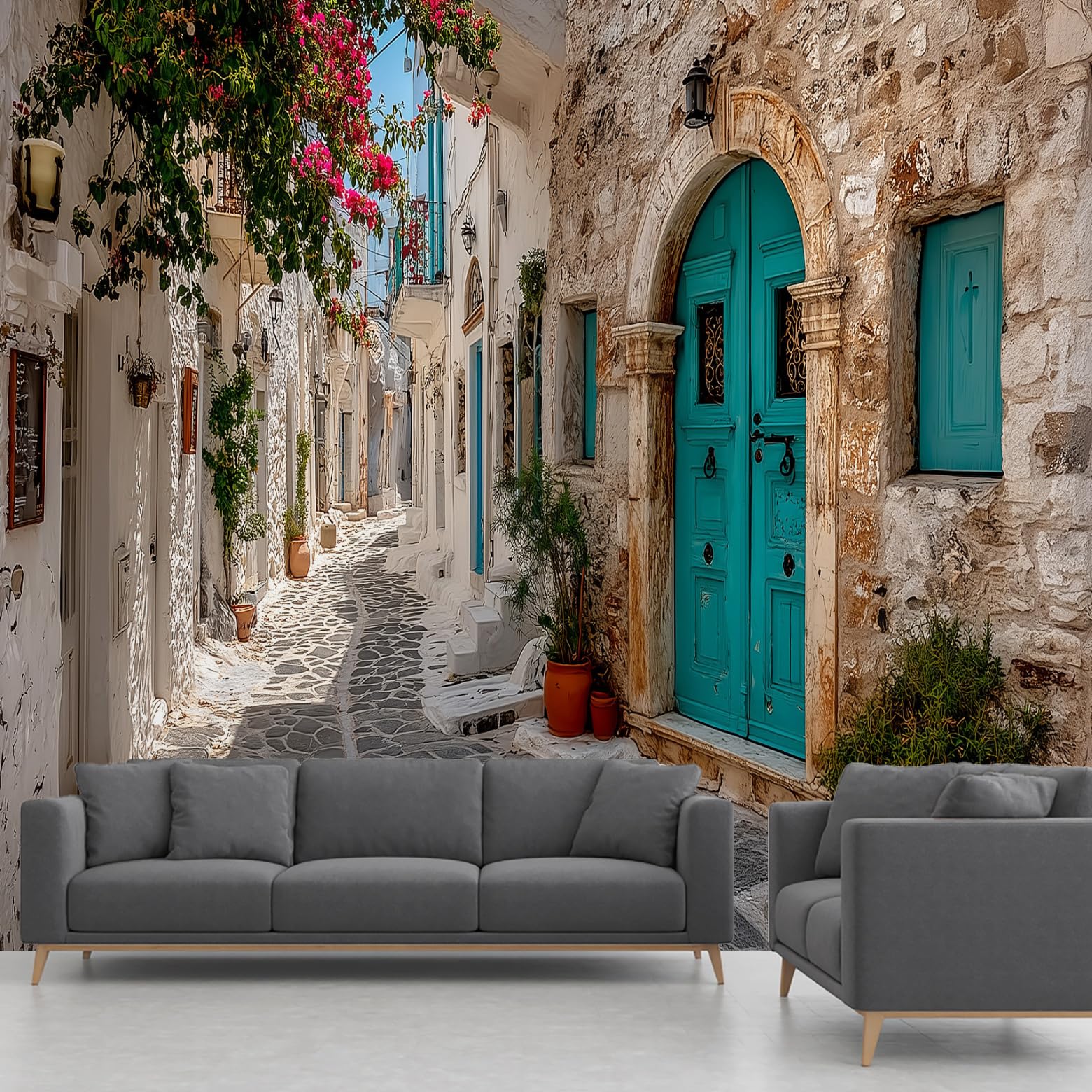 Italian Town Wallpaper, Tuscany Italy Street Flower Plant Panoramic Mural, Wall Paper for Bedroom Living Room Hallway Restaurant Home Decoration – 350x256 cm Wall Mural