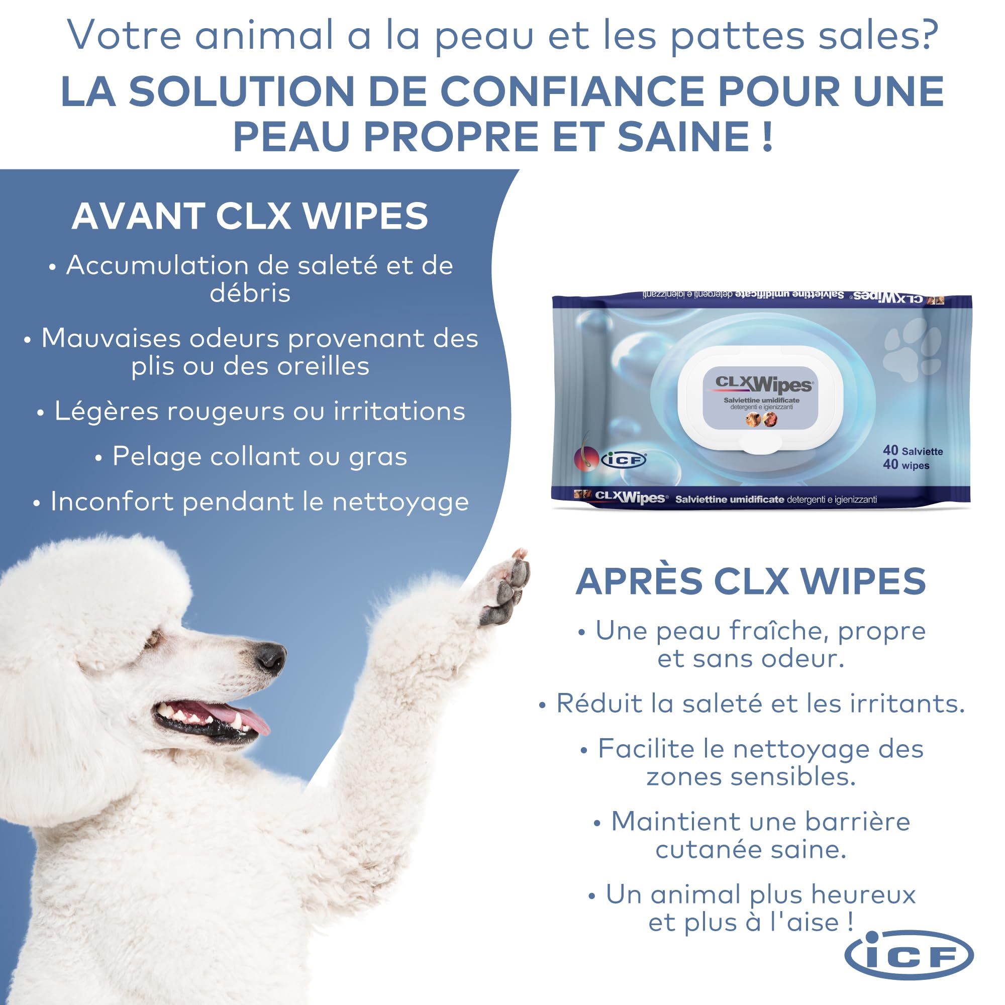 ICF | CLX Lingette Chien | Lingettes Nettoyantes, Assainissantes et Hydratantes pour Chien et Chat | Nettoyage quotidien des pattes, des plis cutanés, et des espaces interdigités | 40 lingettes