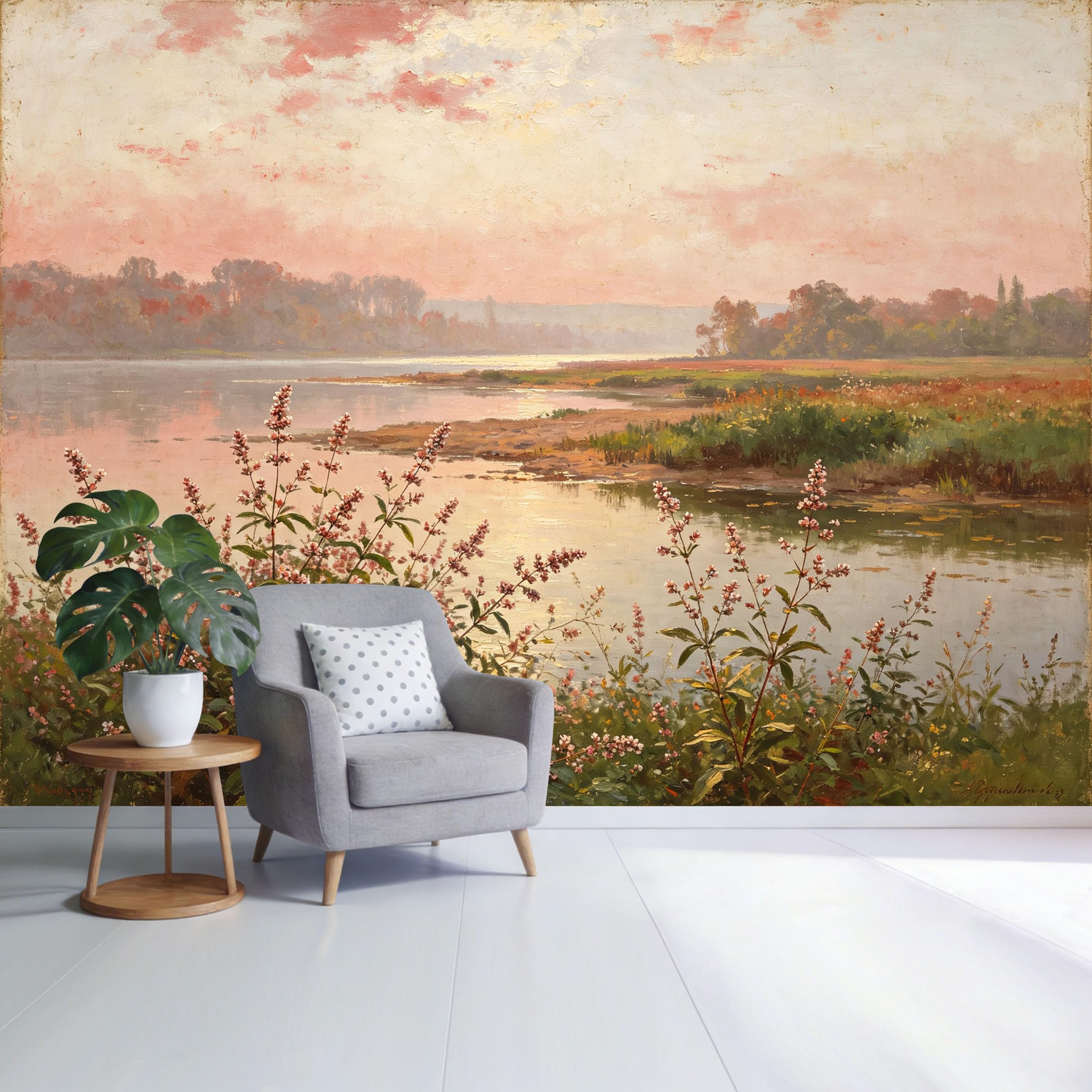 Custom Size Wall Mural Tranquil River Sunset Landscape with Wildflowers Reflection Botanical Oil Painting Style SelfAdhesive Wall Fabric Removable Wallpaper for Home Office Decor