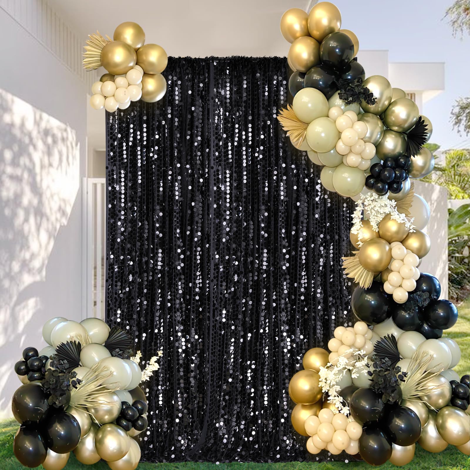 Black Sequin Backdrop Curtains 4ftx8ft Halloween Glitter Backdrop Drapes Big Payette Shimmer Sparkly Fabric Birthday Dessert Table Background Backdrop