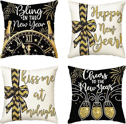 AVOIN colorlife Juego de 4 fundas de almohada con texto en inglés Happy New Year Cheers at The New Year, 20 x 20 pulgadas, para celebrar fiestas de