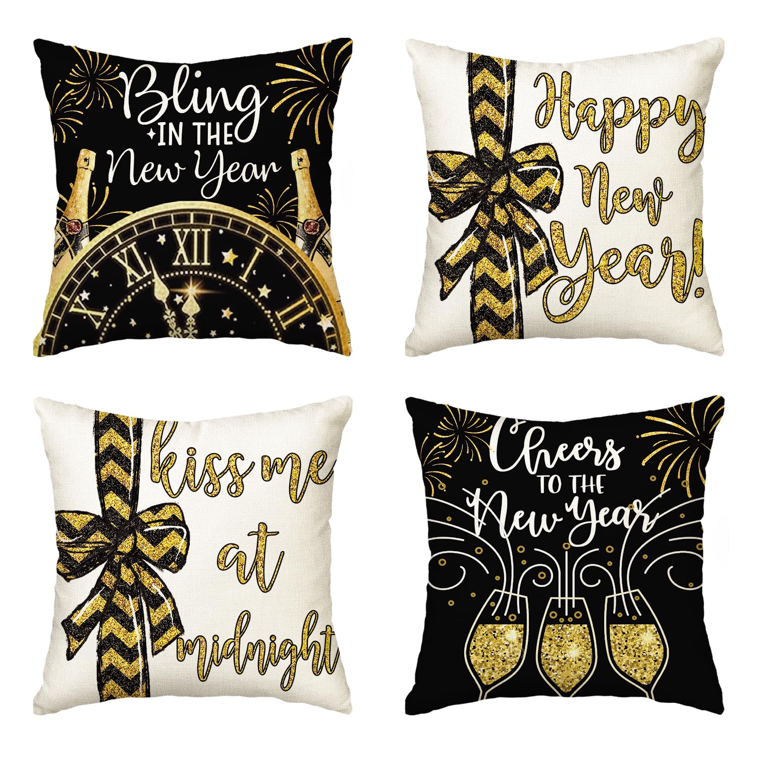 Housses de coussin Happy New Year, le lot de 4 idéal pour vos cadeaux de fin d'année