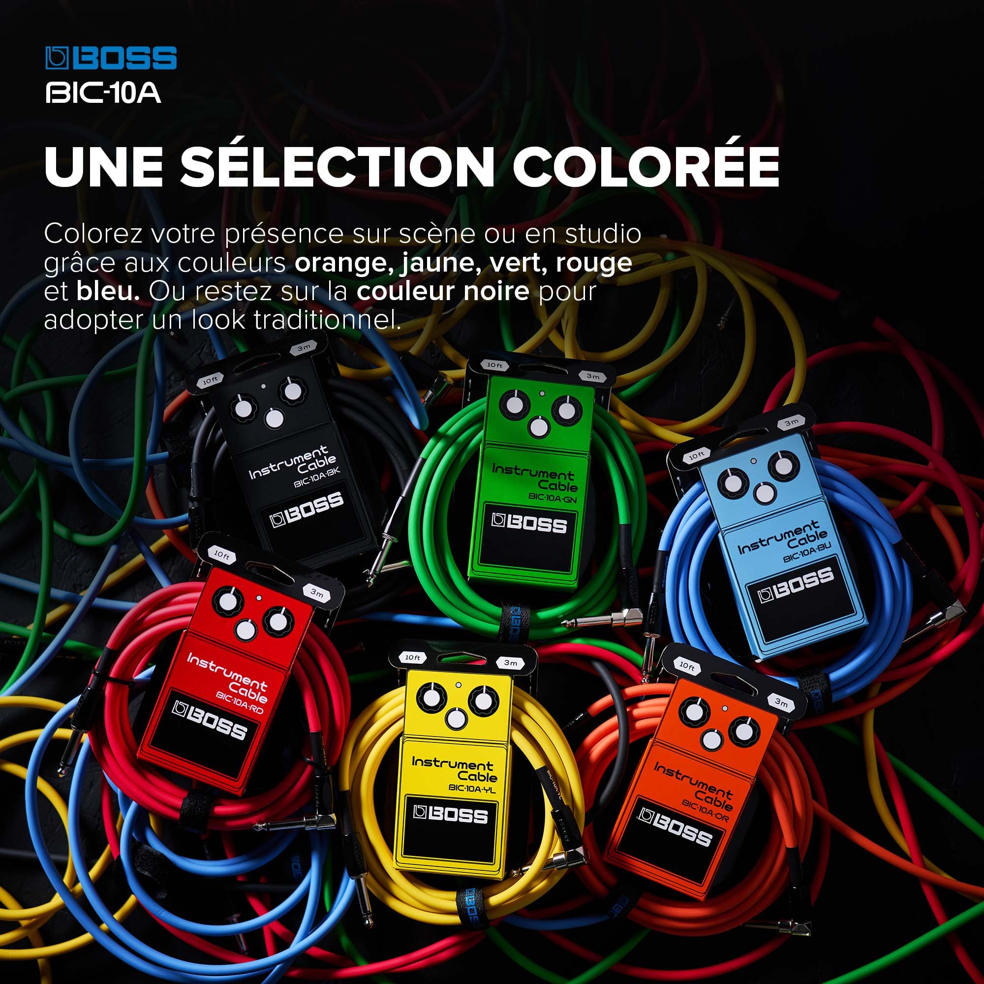 BOSS Gamme BIC-10A Câbles d'instrument | Connecteurs jack 1/4 de pouce droit vers coudé | Longueur 3 m | Câbles de haute qualité pour guitare, basse et autres | Silencieux et robustes | Bleu