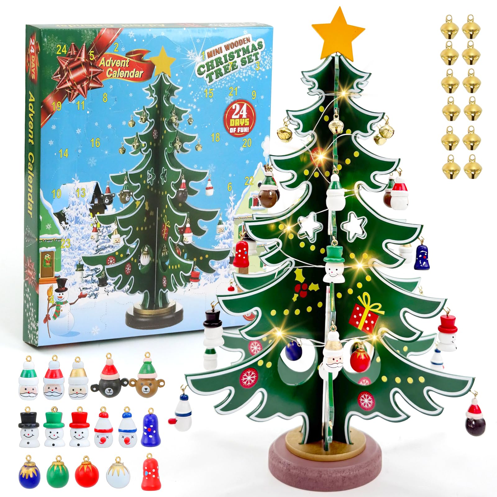 Calendario dell'Avvento 2025, albero di Natale in legno con 36 ciondoli e catena luminosa a LED, 24 giorni, conto alla rovescia, mini albero di Natale, regalo per ragazzi e ragazze