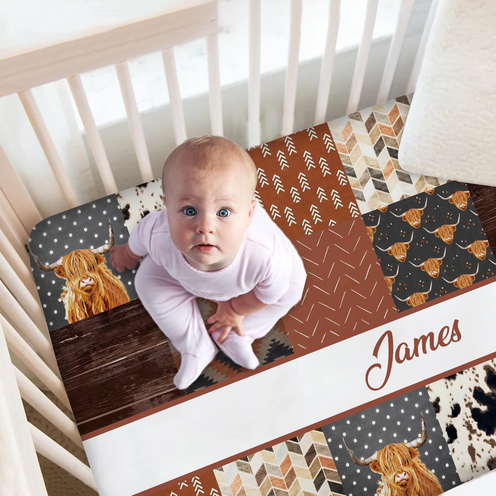 Personalized Baby Bedding Set - Custom Name Crib Comforter & Fitted Sheet, Cute High Land Cow Nursery Set for Boys & Girls