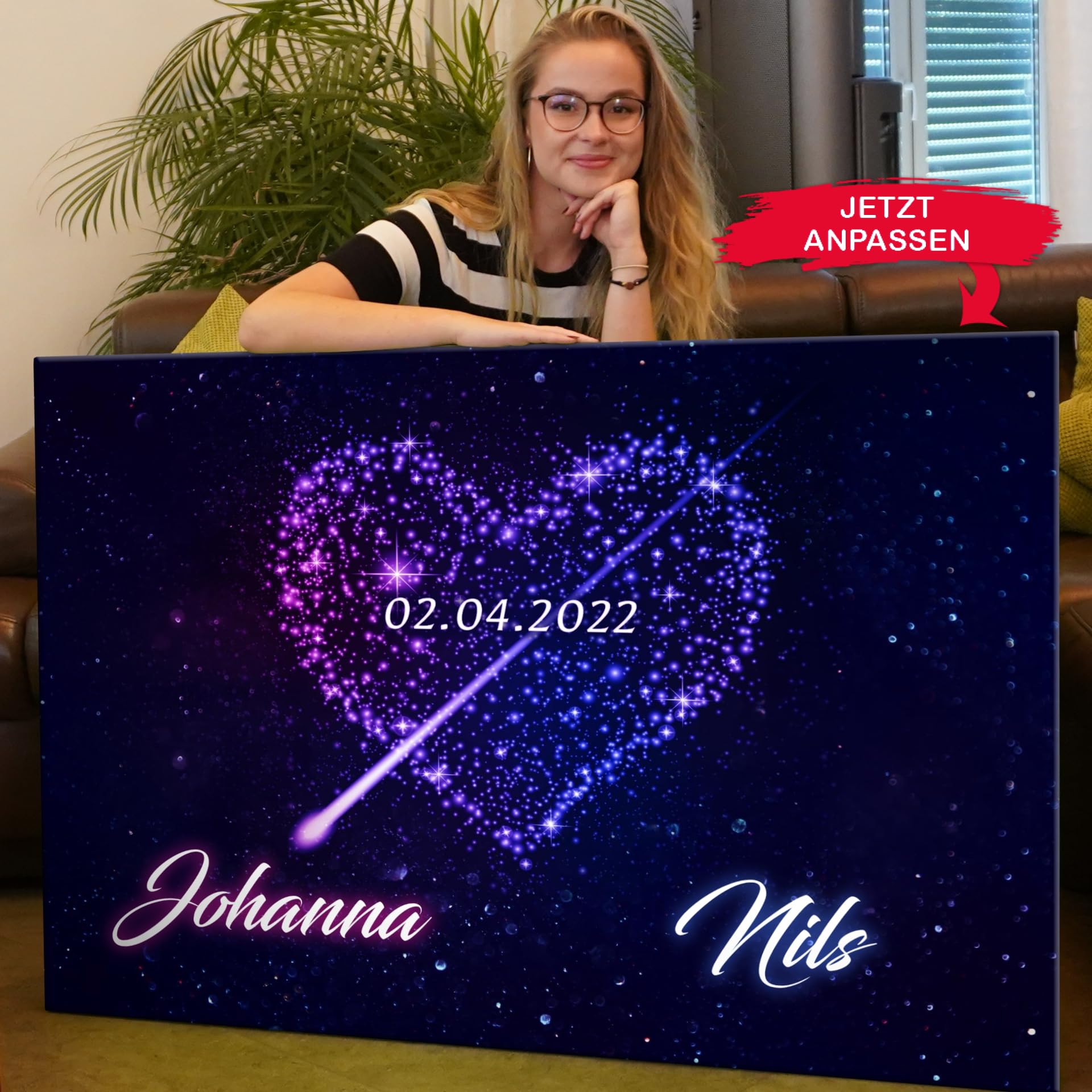 Liebesleinwand Individuelles Wandbild | Jahrestag, Hochzeitstag Geschenke für Frauen | Leinwand mit Namen und Datum gestalten | Mitten ins Herz