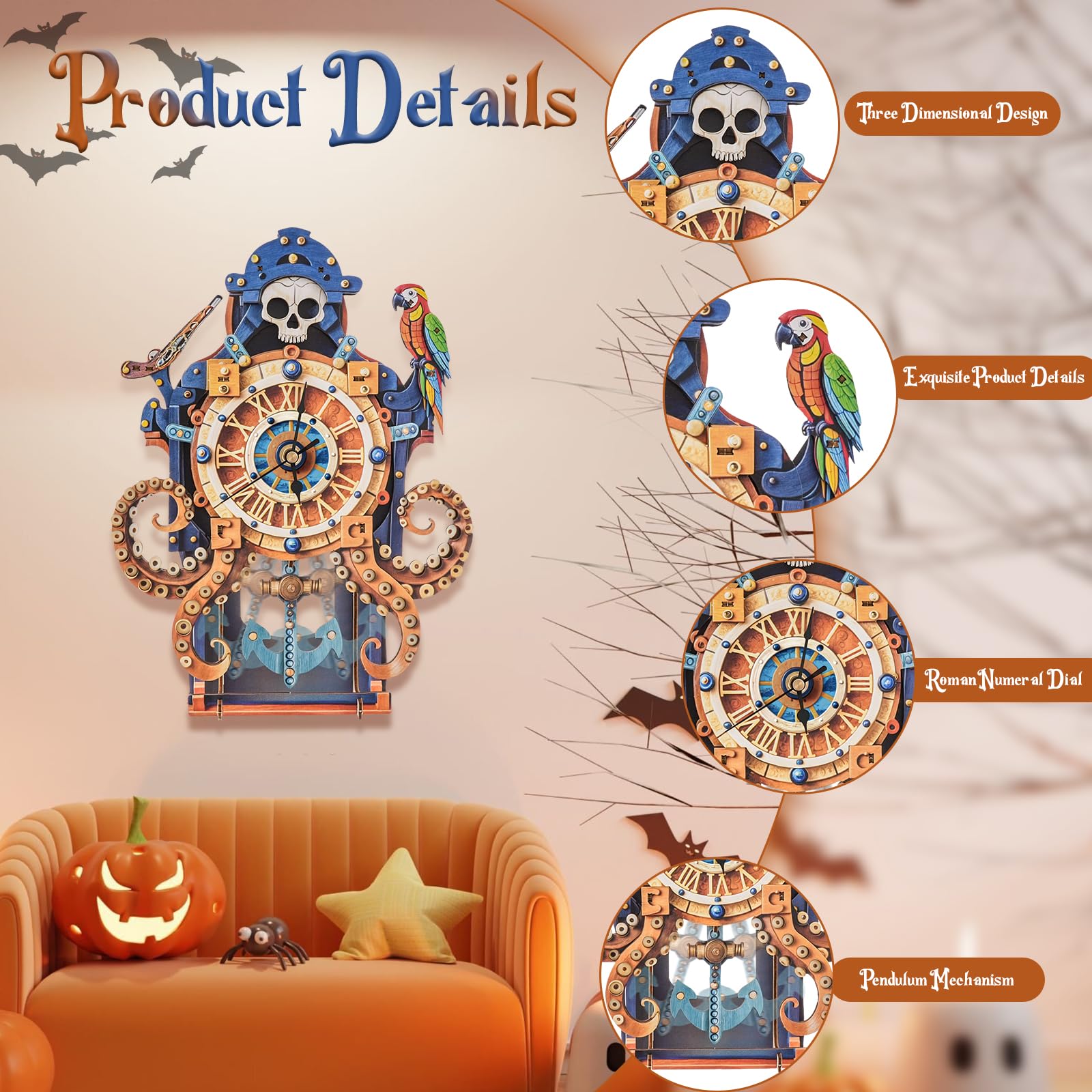 Lilcubics 3D Wooden Puzzles for Adults Clock Kit Octopus Pirate Mechanical Wooden Model Kits for Adults to Build 3D Puzzle Gifts for Halloween Home Decor - Image 2