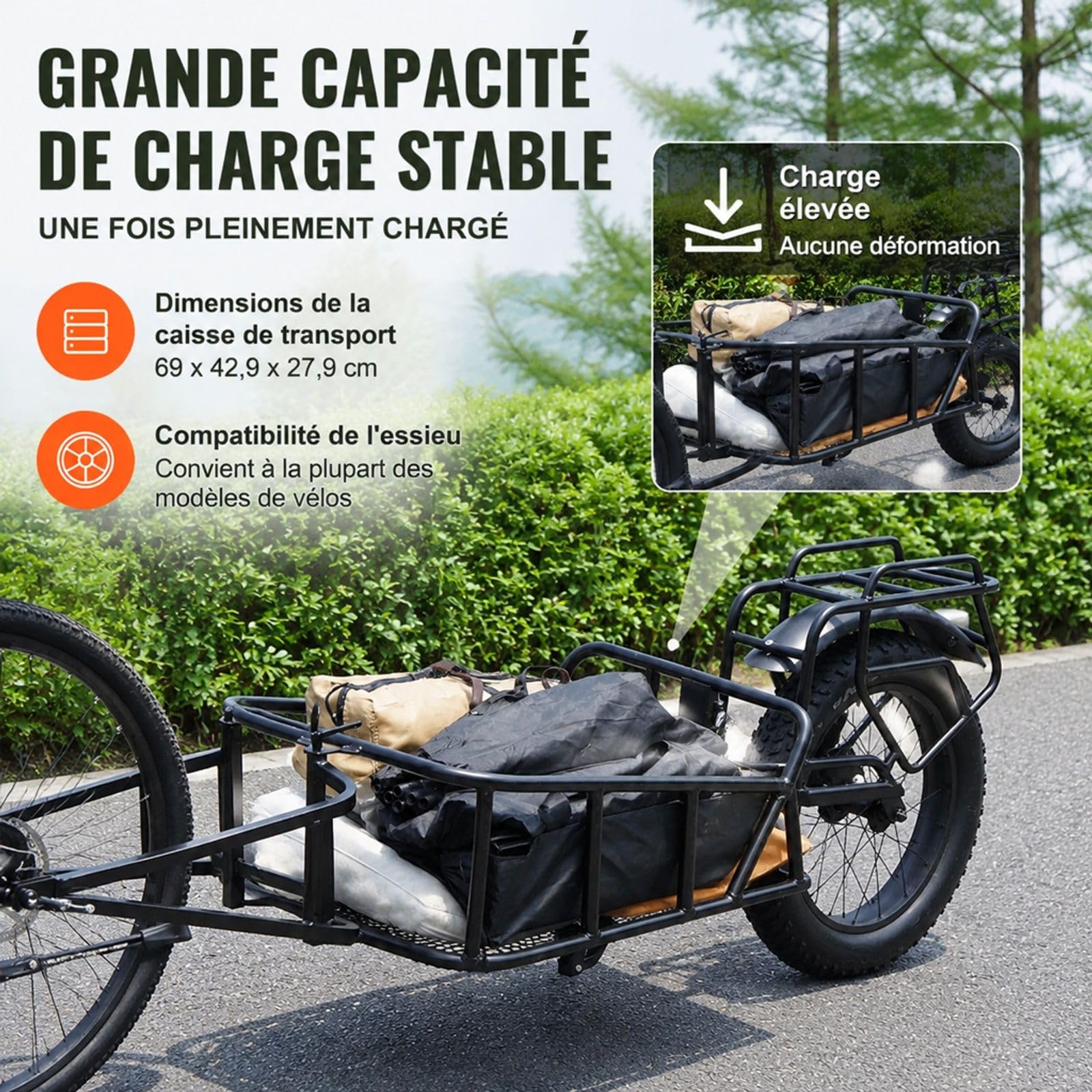 Remorque de vélo pour fret, capacité de Charge 32 kg, Structure à dégagement Rapide, Rangement Compact, Cadre en Acier au Carbone