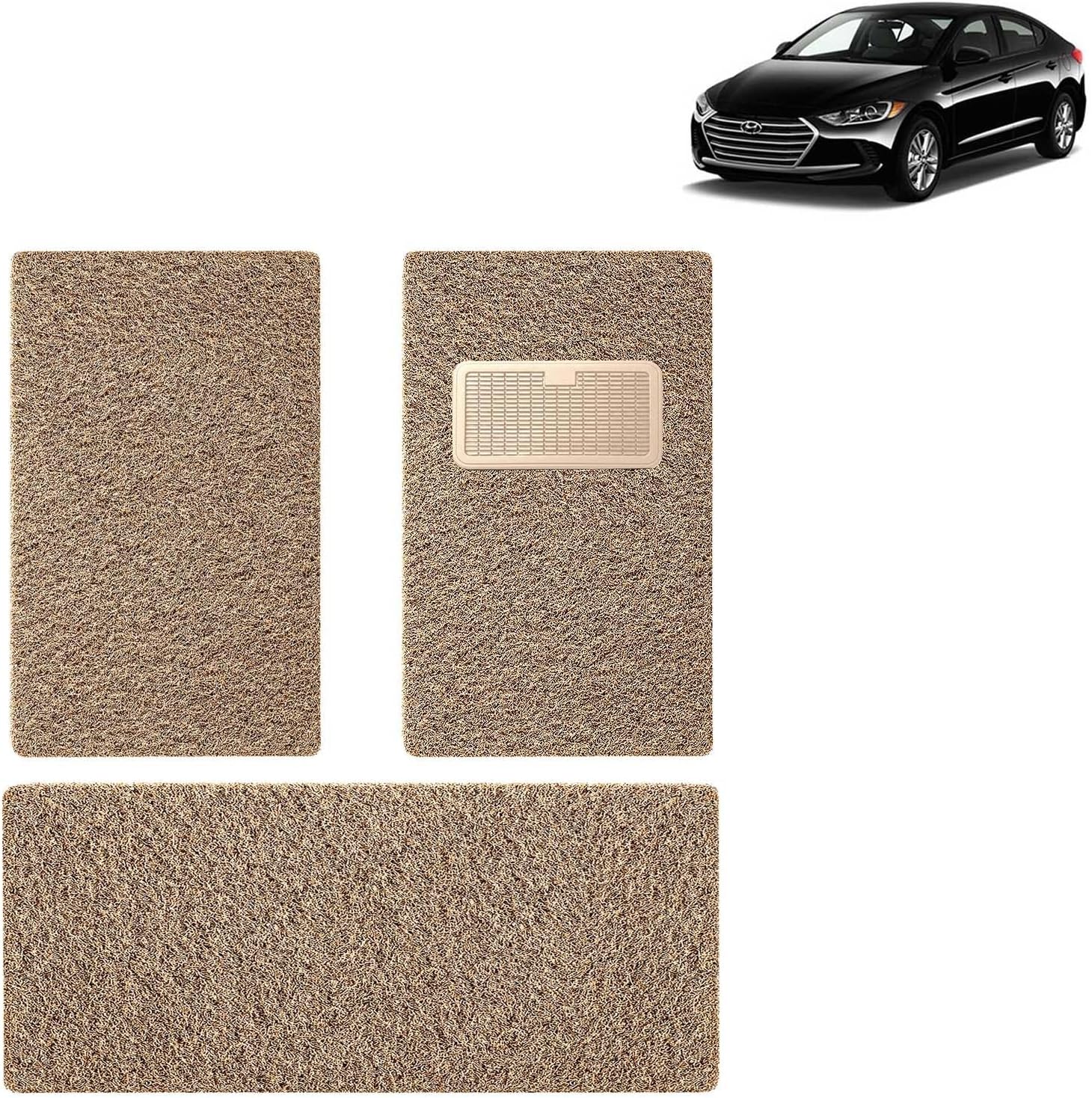 KINGSWAY Accessories Noodle Grass PVC Foot Mats Compatible with Hyundai Elantra (Year 2016-2019) - 12mm Thickness Universal Fit Anti-Slip Car Floor Mats, Complete Set of 3 Pcs - Beige-Brown