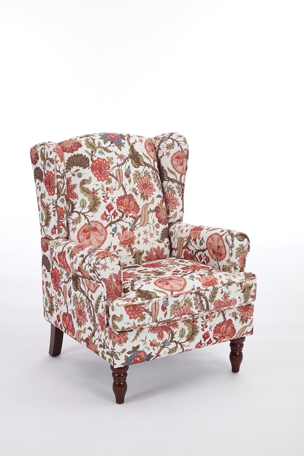 GDFStudio Modern Wingback Accent Chair with Solid Wood Legs and Cushion, Comfy Upholstered Floral Pattern Armchair, Retro Leisure Single Sofa Chair for Living Room Bedroom Home, Bean Paste Red