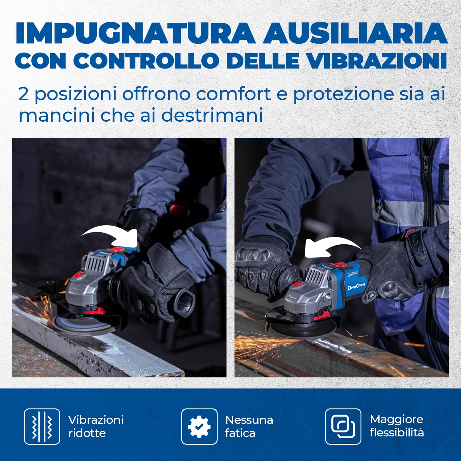 DongCheng Smerigliatrice angolare a batteria 20V 125 mm, 1000 W, 2x4.0Ah | Motore senza spazzole, 3 velocità, cuffie a sgancio rapido, impugnatura antivibrante, 2 dischi da taglio, lamellari T27 e T29