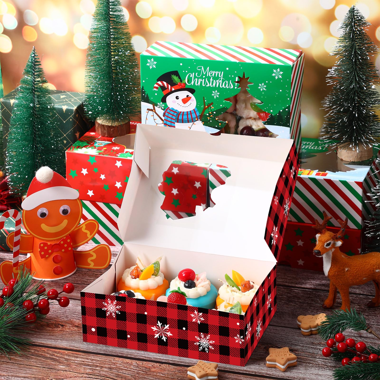 Funrous Lot de 28 boîtes à biscuits de Noël avec fenêtre et couvercle - Bonhomme de neige, Père Noël, renne - Cadeau de Noël - Fournitures de décoration