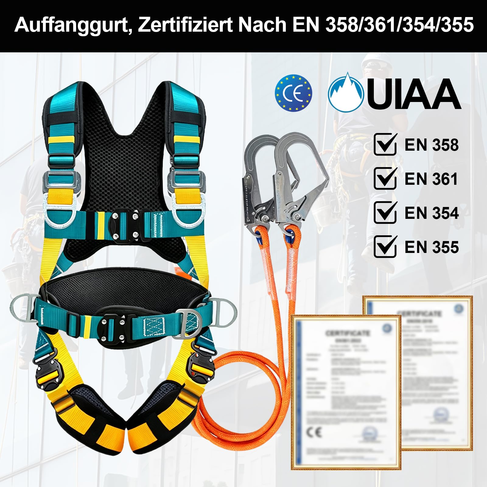 Auffanggurt Absturzsicherung Set mit Falldämpfer, Sicherheitsgürtel-Kit mit 2M Lanyards, Taille und Schulterschutz Bauprojekte Dachbetrieb in hoher Höhe, Feuerrettung Sicherheitsseil, CE-Zertifiziert