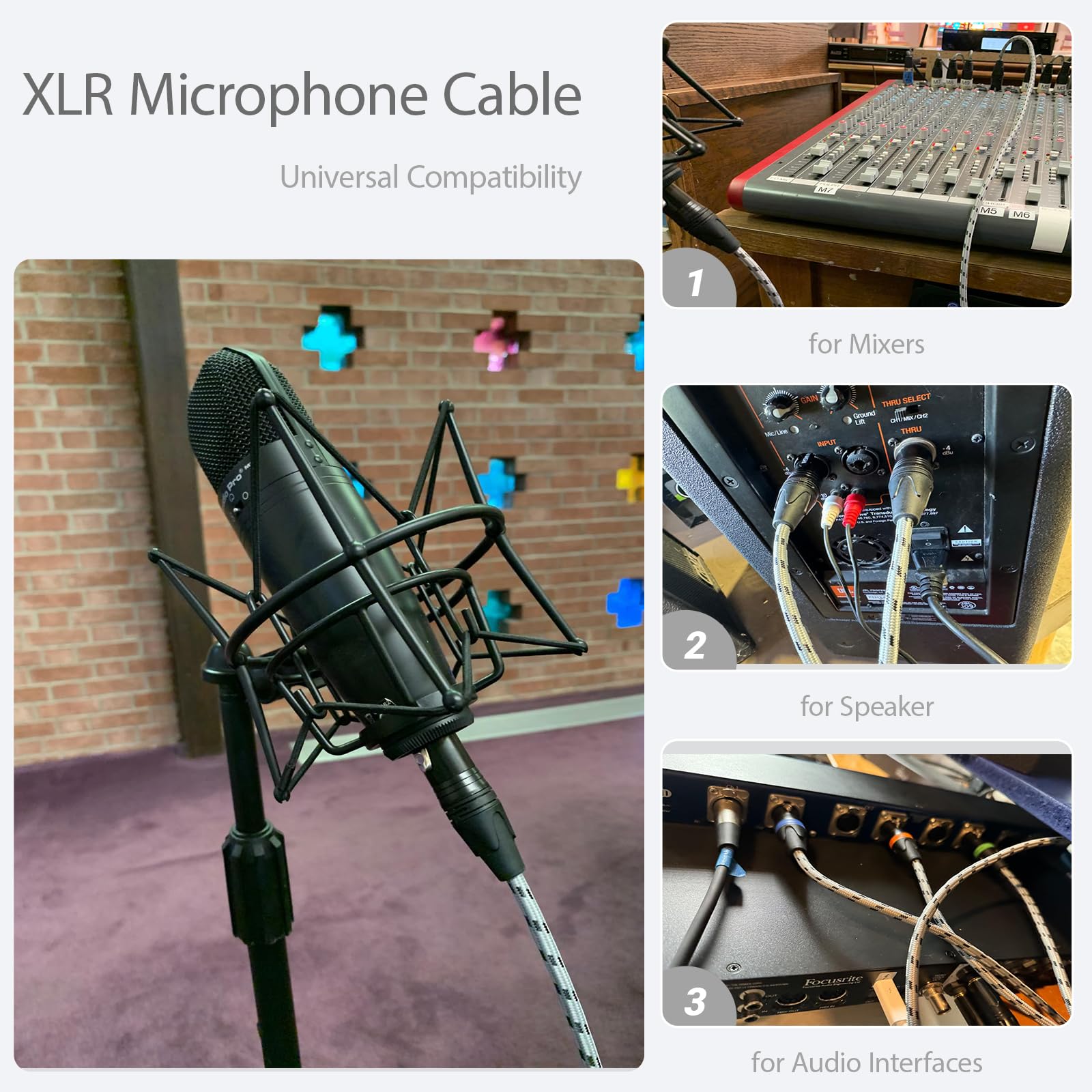 SNANSHI Cables XLR, 100 pies, cable de micrófono XLR equilibrado con cobre libre de oxígeno, doble blindaje, conectores chapados en oro y cubierta trenzada de nailon para micrófonos, mezcladores e