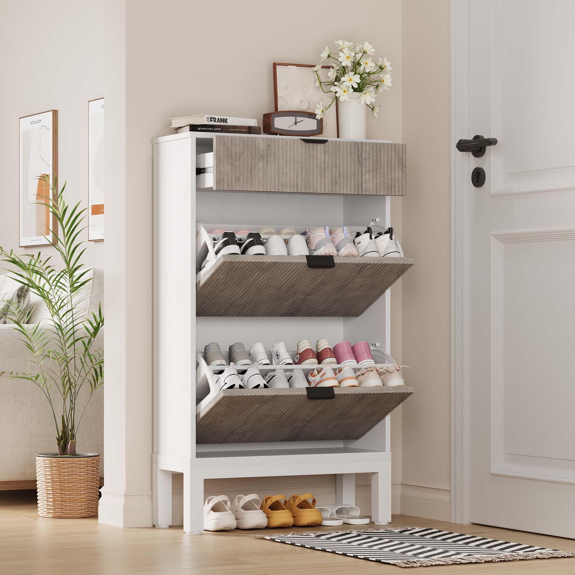 Zapatero Estrecho de Madera - Zapatero Volcable con 2 Puertas y 1 Cajón - Decoración con Patrón Ondulado - con Manijas Metálicas - Ideal para Entrada, Pasillo y Recibidor - Blanco & Gris