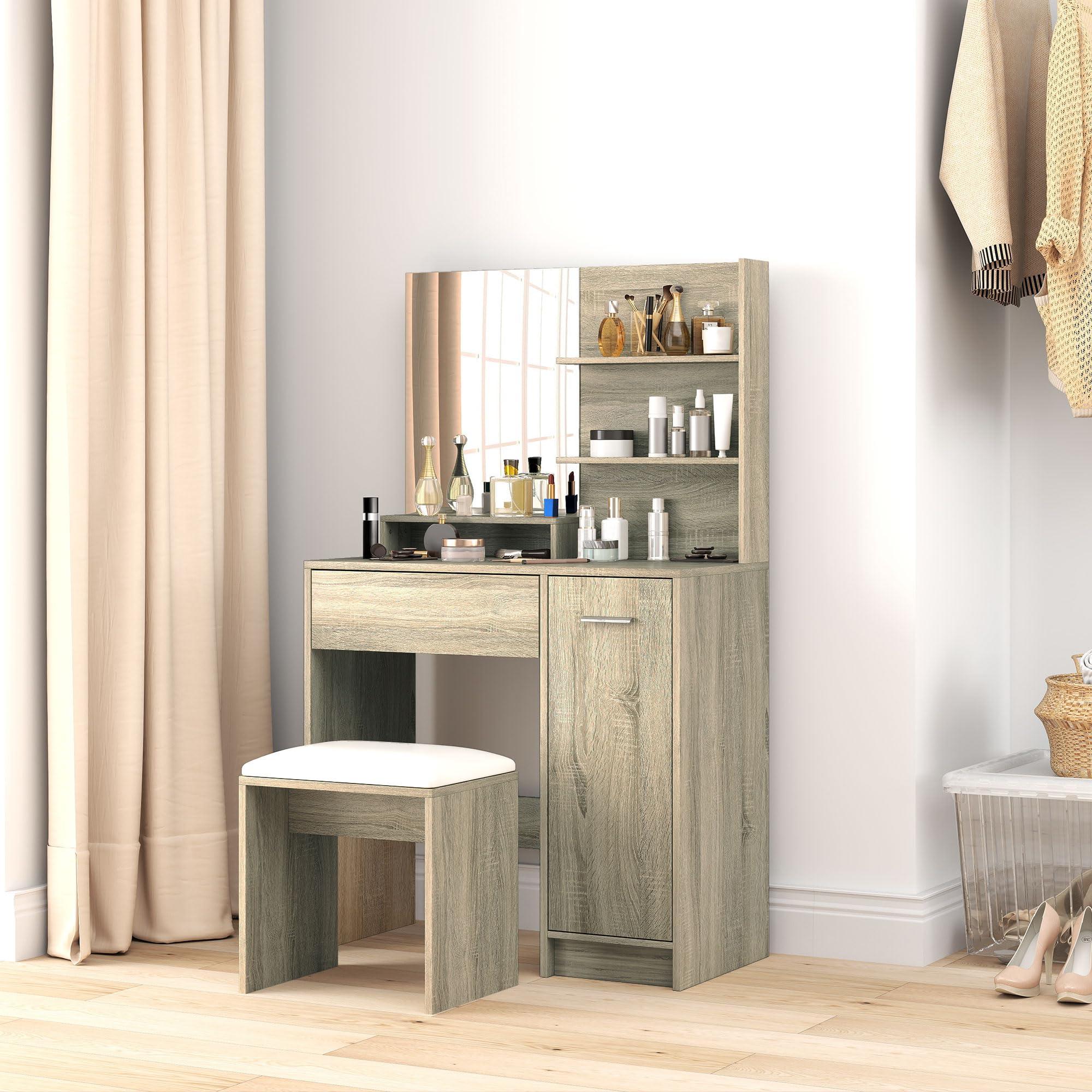 HOMCOM Tocador de Maquillaje con Taburete, Tocador con Espejo, Estantes Abiertos, Cajón y Estante Ajustable, Anti-vuelco, para Dormitorio, Salón y Vestidor, Natural