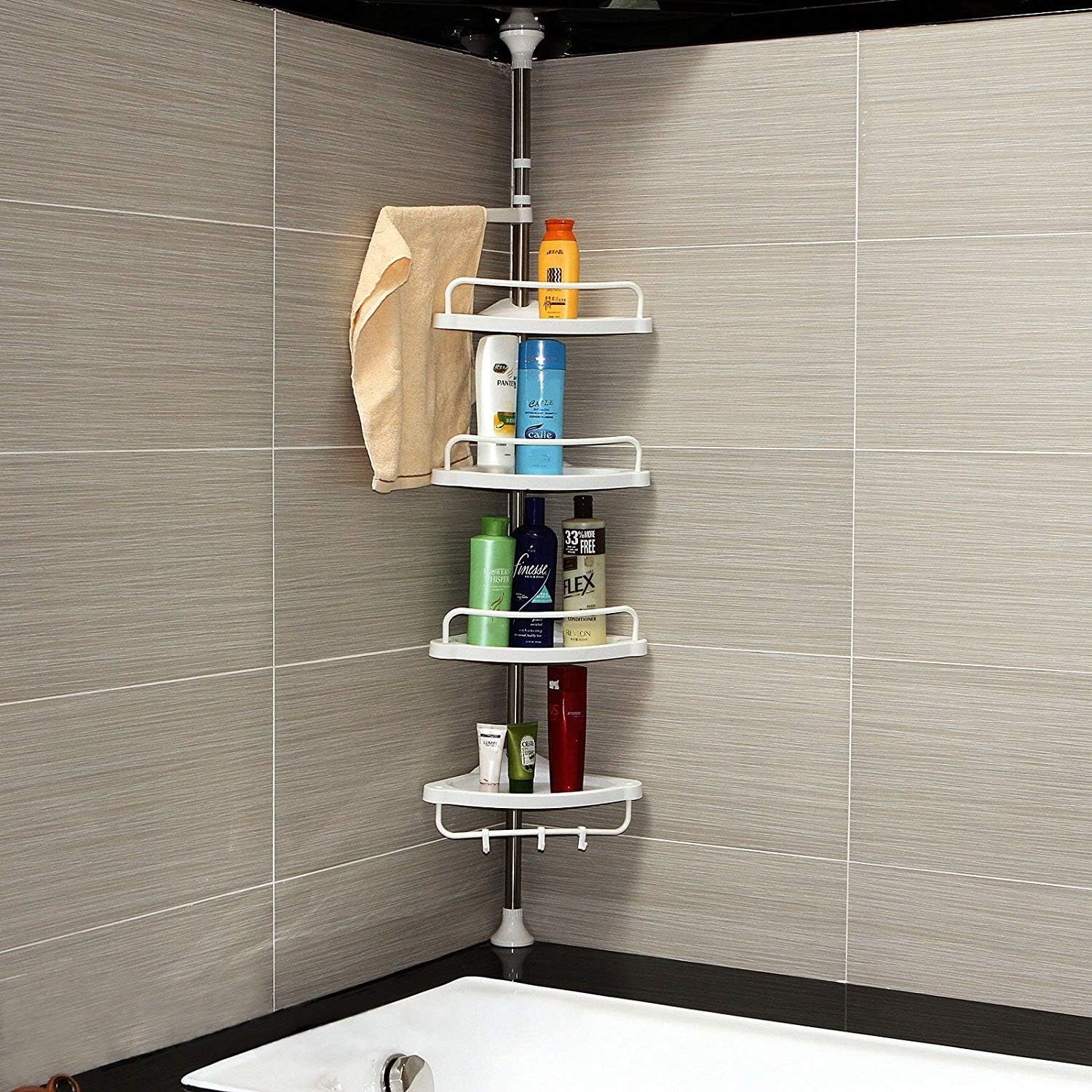 CrazyLynX Shower Caddy Nail Free, Rust Free 4 Tier Adjustable Shower Bathroom Corner Shelves Telescopic Organiser Storage Rack 95-300CM