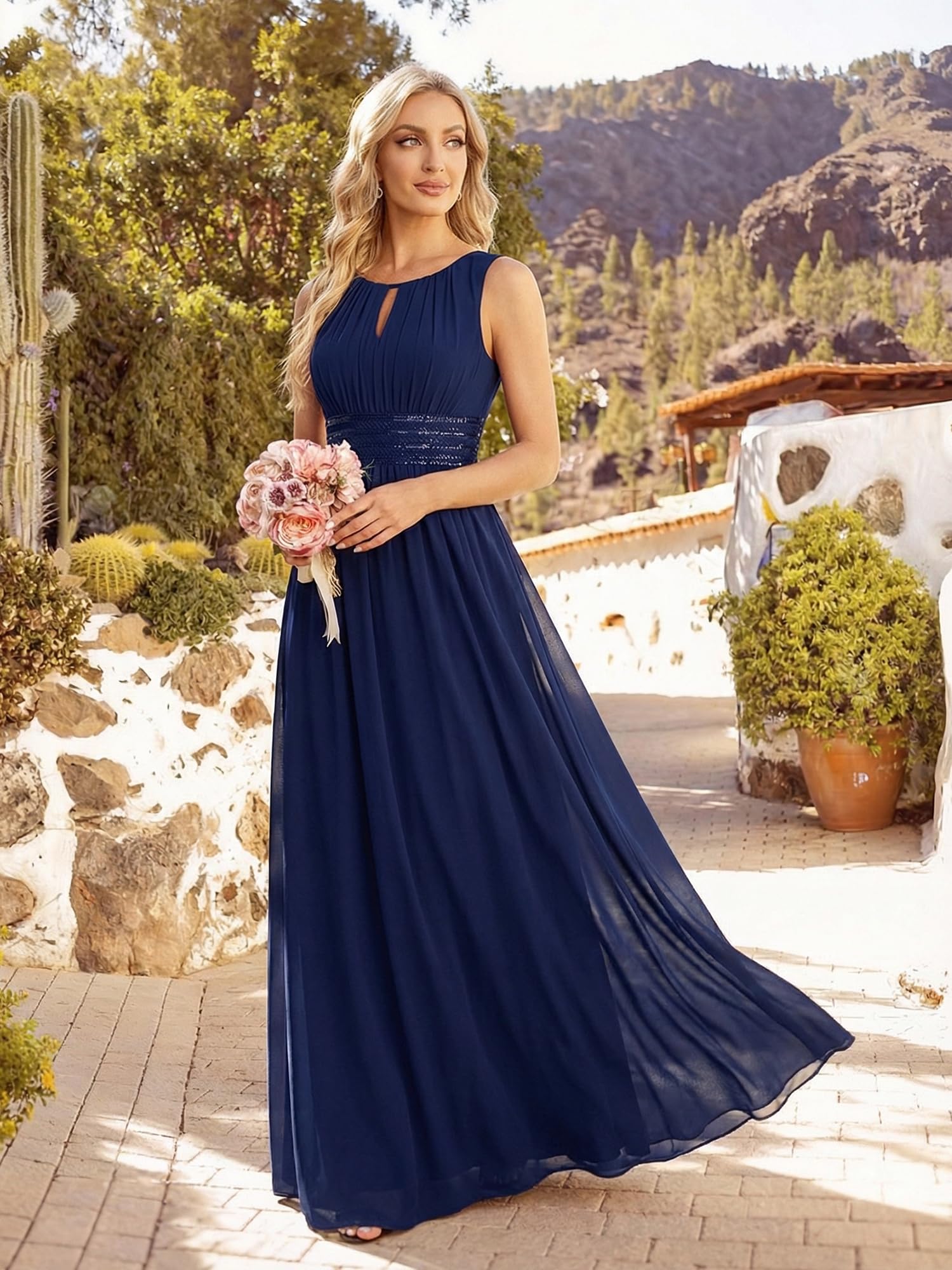 Ever-Pretty Robe de Soirée col Rond sans Manches Jupe Trapèze Robe Mousseline Femme Tenue Soiree Femme Chic ES01955